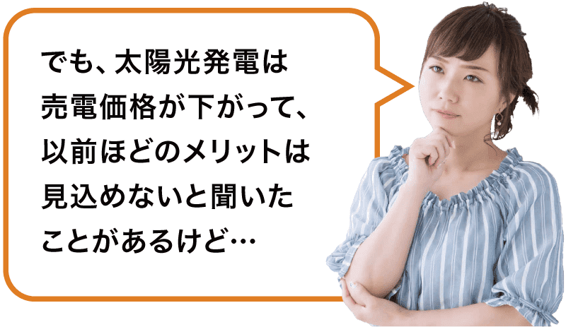 でも、太陽光発電は売電価格が下がって、以前ほどのメリットは見込めないと聞いたことがあるけど…