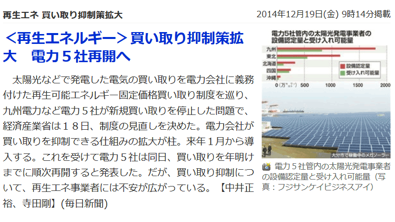 かんたん記事解説 再生エネルギー 買い取り抑制策拡大 電力5社再開へ 毎日新聞14年12月18日木曜日 ソーラーパートナーズ